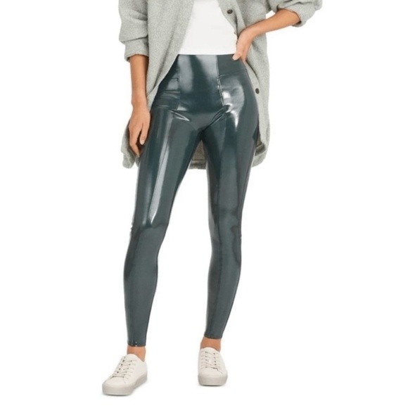 Spanx Faux Leather Patent Compression Liquid Gloss Leggings Green XS Baddie Punk - Picture 2 of 9